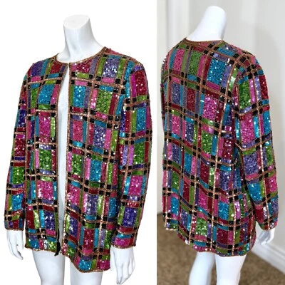 CHAQUETA VINTAGE AÑOS 80 LENTEJUELAS CUENTAS M Abrigo Estampado Geométrico Festival Gaga Cóctel Foto 1 de 4