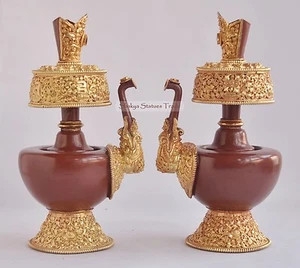 9" Tibetischer Buddhismus 24 K Gold vergoldet Kupferlegierung Bhumpa heilige Vase Set Nepal - Bild 1 von 4