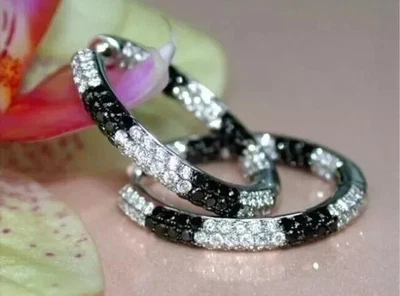 3.00Ct Round Cut Lab-Created Black Diamond Hoop Earrings 14K White Gold Plated - Image 1 of 3