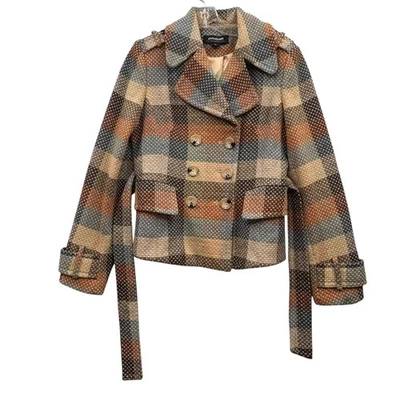 Y2K кофе-шоп женщин клетку шерсти смесь куртка подпоясанный ретро пуговицы размер M - Изображение 1 из 4