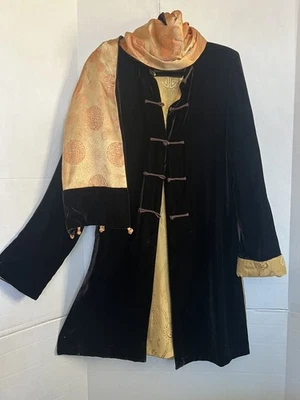 Chaqueta China Tangshuang Reversible Felpa Marrón Oscuro Terciopelo Dorado Seda + Bufanda Foto 1 de 4