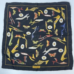 Vtg Salvatore Ferragamo Silk Pocket Square Scarf Shoe Butterfly Print Silk 16" - Picture 1 of 11