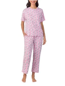 Peanuts Snoopy Soft Stretchy Short Sleeve and Pant Pajama Set Pink Size Medium - Picture 1 of 11