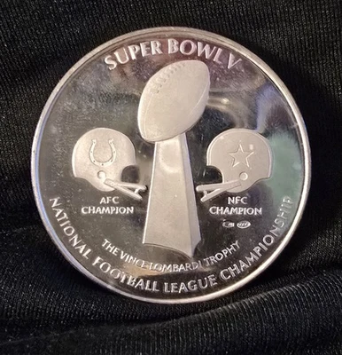 1971 NFL Superbowl V 5 Colts Cowboys .999 Silver Coin Almost 2oz Pure Silver - Image 1 of 3