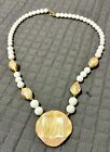  Hand Painted Enamel Ceramic Pink White Gold Bead Necklace 18”