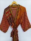 Anokhi Print Wielokolorowa szlafrok Odzież plażowa, ręcznie robiona jedwabna suknia kimono sari B-2649