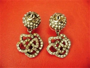 Chanel CC logo crystal Camellia dangle black color pierced earrings - Picture 1 of 12