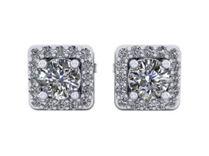 Genuine 0.80Ct Round Cut Diamond Square Halo Stud Earrings Solid 14k Gold - Picture 1 of 12
