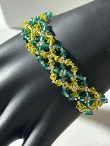 Yellow And Teal Bicone  Crystals Toggle Stretch Bracelet Handmade 7 inches - Picture 1 of 7