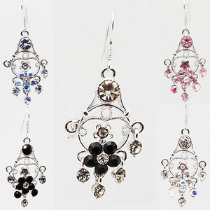 DESIGNER INSPIRED 2.25 in BLUE PINK CLEAR BLACK CRYSTAL SILVER HOOK EARRINGS NEW - Picture 1 of 7
