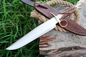 Handmade D2 Steel Hunting Big Bowie Knife with Stag Handle and Leather Sheath 