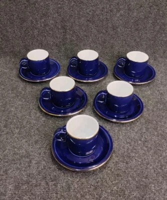 6 Belles Tasses Bistrot Bleu Et Doré Vintage Expresso Porcelaine Épaisse  - Photo 1/4