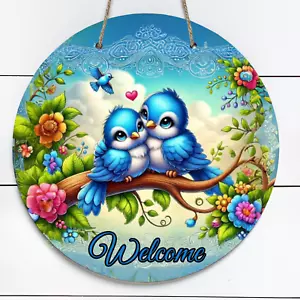 Entzückendes rundes Türschild blau Vögel Willkommen 10" Metall #2 - Bild 1 von 1
