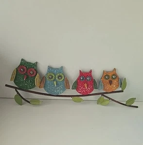 Set of 4 Colorful Owl on Branch Wall Sculptures Indoor Outdoor Garden Home Decor - Picture 1 of 8