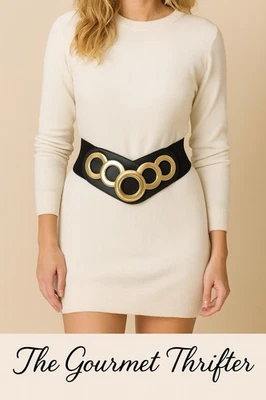 Vtg Dakota Ltd Black Stretch Belt Gold Circle Buckle Statement Waist 80’s S/M - Image 1 of 4