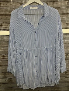 Solitaire Pinstripe Peplum Tunic Blue White 3X Flowing Button Front Preppy - Picture 1 of 19