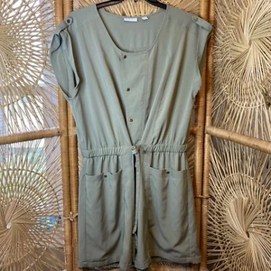 New York & Company Romper XXL Stretch Olive V-Neck Belted Shorts Gold Accents - Picture 1 of 5