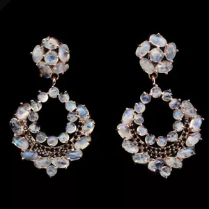 Raritie of Fiery Moonstone & Black Spinel 14K Rose Gold on Sterling Earrings 925 - Picture 1 of 16