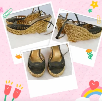 NEW in Box Guess Marlene Wedge Slingback Sandals Shoes Pumps Heels Straw Satin - Image 1 of 4