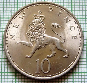GREAT BRITAIN ELIZABETH II 1970 10 NEW PENCE Large Type, CROWNED LION UNC - Picture 1 of 6