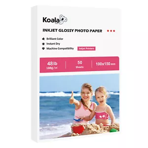 Papel fotográfico premium Koala brillante 48 lb 4 x 6 en 10x15 cm para inyección de tinta HP Canon 50PK - Imagen 1 de 11