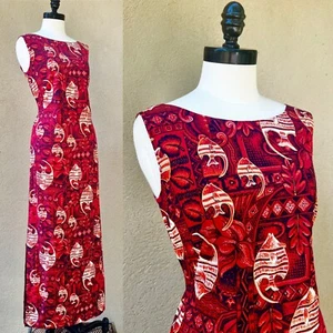 ANGEL FISH Print 50s 1950’s Vintage Red Cotton Column Aloha Hawaiian Dress S 36 - Picture 1 of 18