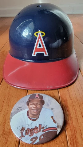 Vtg Lot 2 California Los Angeles Angels Plastic Helmet Baseball Button Rod Carew Cover