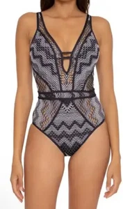 Becca Reveal Plunge One Piece Swimsuit Medium Womens Black Crochet Bathing Suit - Picture 1 of 6