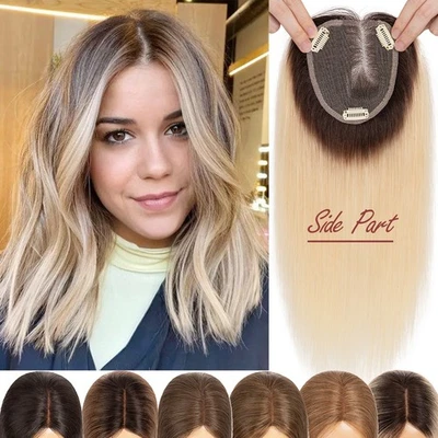 Clip in Remy Human Hair Women's Topper Side Part Hairpiece Toupee Wiglet 10x12cm - Image 1 of 4