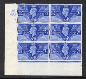 1946 2½d VICTORY M/MINT CONTROL (13 NO DOT) BLOCK OF SIX. SG 491 - Picture 1 of 1
