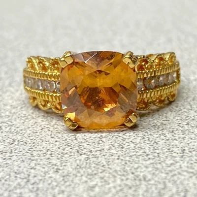 Anillo Vintage Naranja Brillante Corte Cojín Oro Plisado Plata Esterlina Talla 8.75 Foto 1 de 4