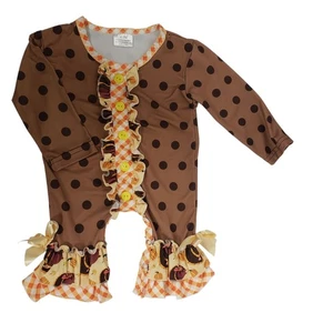 Baby Girl Thanksgiving Outfit Romper 0-0-3M Polka Dot Turkey Gingham Ruffle - Picture 1 of 9