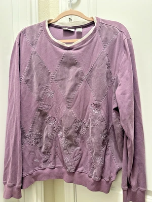 Moletom vintage Alfred Dunner tamanho XL roxo bordado com miçangas aconchegante GrandmaCore - Imagem 1 de 4