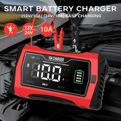 Car Smart Battery Charger 10Amp 12V/24V for LiFePO4 Lithium Lead-Acid Maintainer - Image 1 of 4