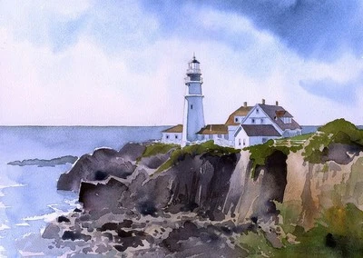 BELLA TERRA Portland Head Lighthouse. Misty Day, Cape Elizabeth Maine. James Mann Art Prints