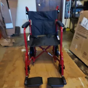 Medline Basic Aluminum Transport Chair w/Handbrakes, 12 inch Rear Wheels, Red - Picture 1 of 5