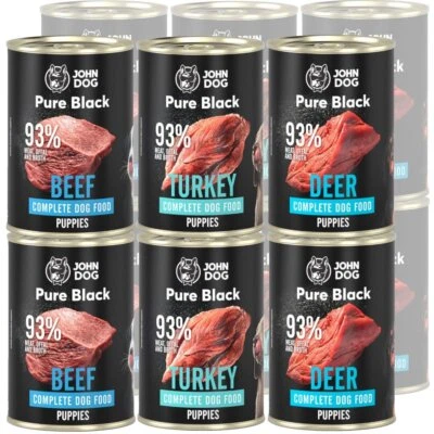 John Dog Nassfutter Für Hunde Pure Black Mix Pute Hirsch Rind Für Welpen 12x400g - Bild 1 von 4