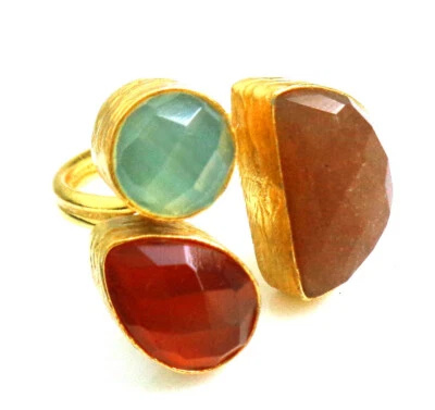 3 Natursteine Ring Messing vergoldet variabel Ringgröße ca. 56 - 59 AR001B - Bild 1 von 4