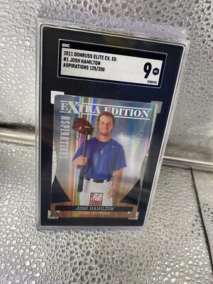 Tarjeta de béisbol Donruss Elite Ex Ed #1 Josh Hamilton SGC 9/250 2011 Texas Rangers Foto 1 de 2