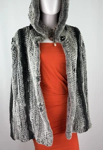 Designer New 10 12 US 46 48 IT M L Gray Black Knit Rabbit Fur Hood Coat Jacket - Picture 1 of 9