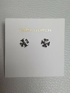 Tory Burch Small Logo Silver Tone Stud Earrings 