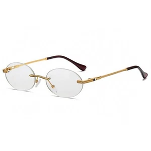 Men's Oval Rimless Elegant Gold Frame Clear Tint Hip Hop Fashion Glasses - Picture 1 of 4