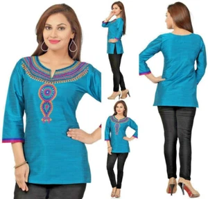 Más de 30 Vendidos Diseñador Kurti Túnica Camisa Vestido Seda Cruda Azul Bordado BD126 - Imagen 1 de 8