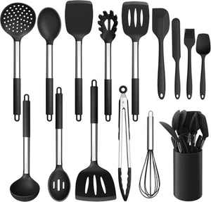 LIANYU 15-Piece Kitchen Cooking Utensils Set with Holder, Silicone Black - Picture 1 of 7