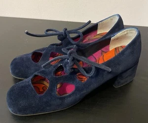 Blue SRO Suede Disco 70's Vintage Lace Up Cut Out Square Toe Heels Shoes 6N - Picture 1 of 7