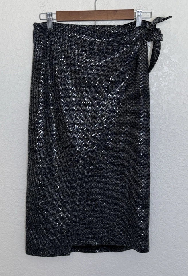 All Saints Skirt Allegra Gun Metal Metallic Shimmer Faux Wrap Size 6 Glam Edgy - Image 1 of 4