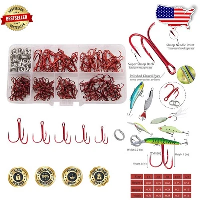 Красные тройные рыболовные крючки - набор из 180 шт. | острая углеродистая сталь | антикоррозийный разделенный R... - Изображение 1 из 4