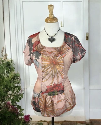 Blusa rosa flor transparente manga curta boêmia hippie fada praia costeira G - Imagem 1 de 4