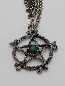 Vintage Wicca Pentacle Pagan Star Malachite Silver Tone Pendant Necklace - Picture 1 of 13