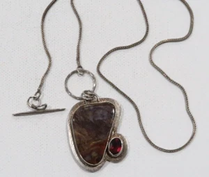 Silber Palme Designs 07 Plume Achat/Pietersit Granat Sterling Anhänger Halskette - Bild 1 von 9